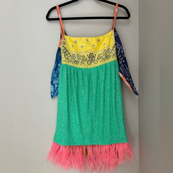 OPD NEW YORK FEATHER TRIM SEQUIN MINI DRESS MULTICOLOR S, Rare, Unique. Preppy - Picture 1 of 10